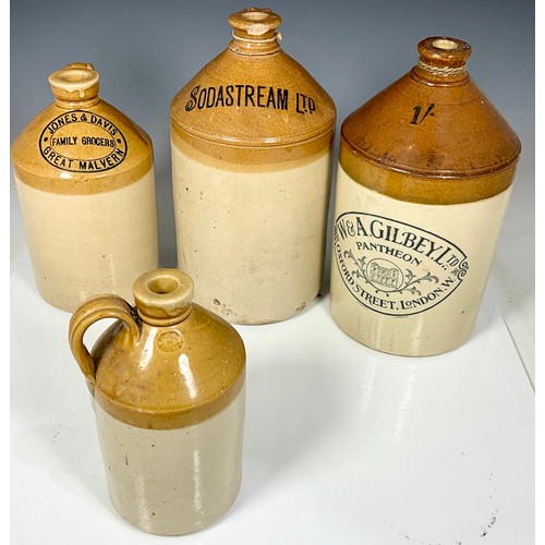 193 - 4 SALT GLAZED STONE WARE FLAGONS W&A GILBEY, JONES & DAVIS, SODASTREAM AND H PRICE, 2 JARS AND A FOO... 