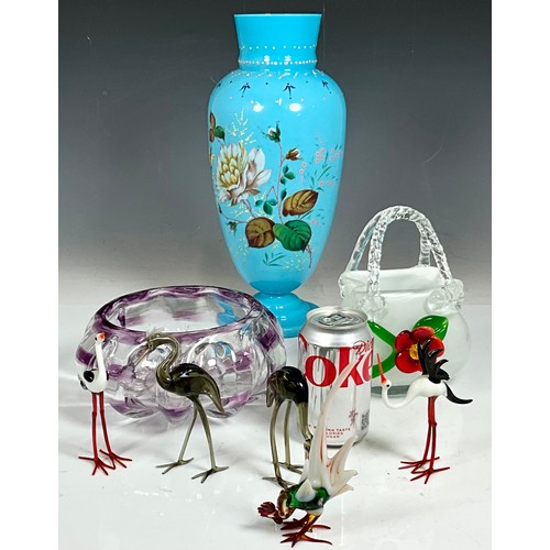 205 - FRENCH GLASS VASE TOGETHER WITH PURPLE GLASS BOWL, GLASS HANDBAG AND VENETIAN GLASS BIRD FIGURES