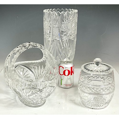 221 - LARGE GLASS VASE, GLASS BASKET, BOWL AND BISCUIT BARREL