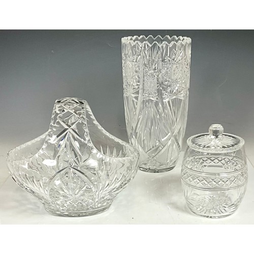 221 - LARGE GLASS VASE, GLASS BASKET, BOWL AND BISCUIT BARREL