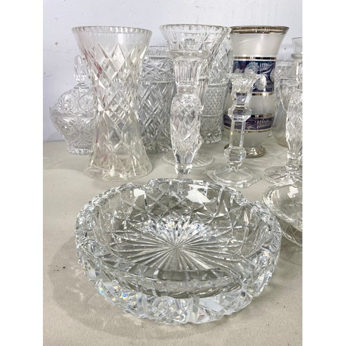 224 - COLLECTION OF  CRYSTAL & CUT GLASS WARE INC VASES , CANDLESTICKS, ASHTRAY ETC