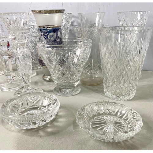 224 - COLLECTION OF  CRYSTAL & CUT GLASS WARE INC VASES , CANDLESTICKS, ASHTRAY ETC