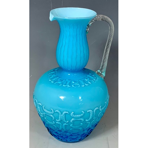 208 - VENETIAN STYLE 28CM TALL BLUE GLASS ITALIAN PITCHER, ART GLASS TURQUOISE COLOUR