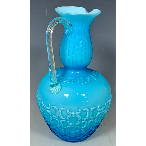 208 - VENETIAN STYLE 28CM TALL BLUE GLASS ITALIAN PITCHER, ART GLASS TURQUOISE COLOUR