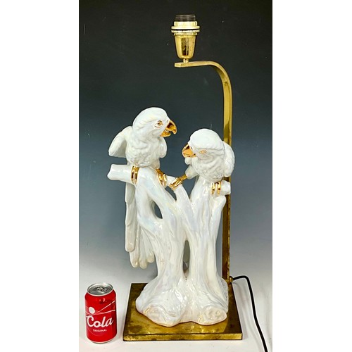 259 - ITALIAN PEARLESCENT WHITE AND GILDED CERAMIC TABLE LAMP DEPICTING A PAIR OF PARROTS ON A BRANCH. APP... 