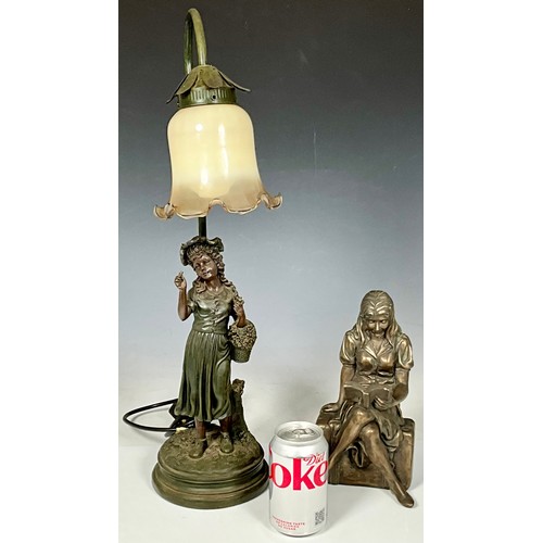 257 - MODERN STYLISED LAMP DEPICTING A VICTORIAN FLOWER GIRL T/W A BRONZED RESIN FIGURE OF GIRL SAT ON LUG... 