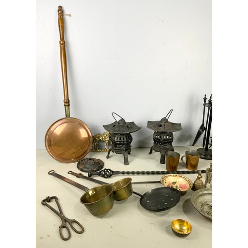 297 - MISC. BRASSWARE AND FIRE IRONS , WARMING PAN ETC