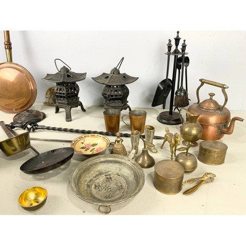 297 - MISC. BRASSWARE AND FIRE IRONS , WARMING PAN ETC