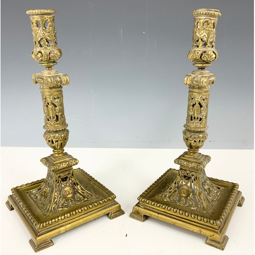 287 - PAIR OF PIERCED BRASS CANDLESTICKS 27cm TALL