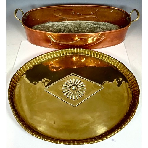 281 - BRASS GALLERIED TRAY AND FISH KETTLE