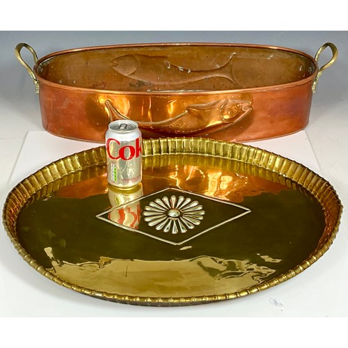 281 - BRASS GALLERIED TRAY AND FISH KETTLE