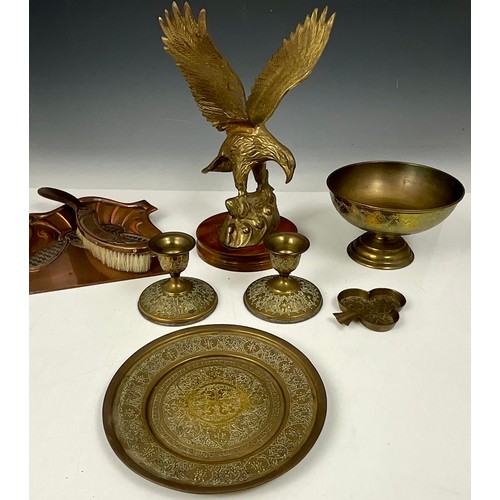 295 - BRASS MODEL OF AN EAGLE ON PLINTH, J.S & S. CRUMB TRAY AND BRUSH TOGETHER WITH EASTERN BRASSWARE