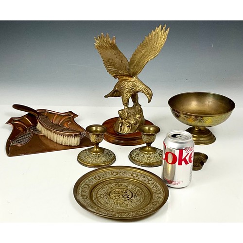 295 - BRASS MODEL OF AN EAGLE ON PLINTH, J.S & S. CRUMB TRAY AND BRUSH TOGETHER WITH EASTERN BRASSWARE