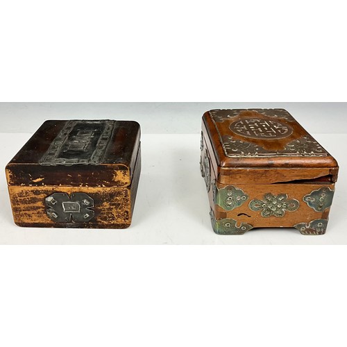 305 - BRASS BOUND ORIENTAL THEMED JEWELLERY BOX T/W ANOTHER JEWELLERY BOX PEWTER RELIEF DECORATION