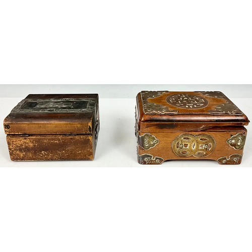 305 - BRASS BOUND ORIENTAL THEMED JEWELLERY BOX T/W ANOTHER JEWELLERY BOX PEWTER RELIEF DECORATION