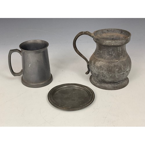 302 - TWO METAL DEED BOXES AND 2 PEWTER TANKARDS