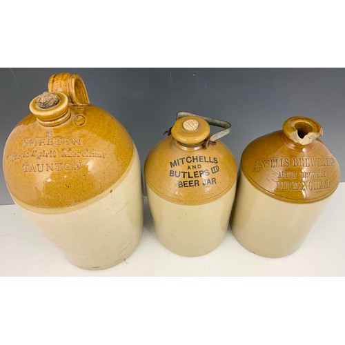 196 - 3 SALT GLAZED STONE WARE JARS, ANSELLS BREWERY, MITCHELLS & BUTLERS, S MEETON TAUNTON