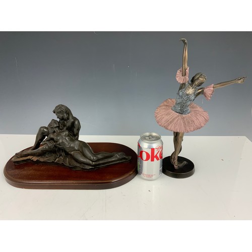 344 - RONALD CAMERON BRONZED RESIN 33cm LONG ON A PLINTH  WITH A BR ONZE EFFECT BALLERINA MODEL 35cm TALL