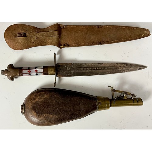 346 - LEATHER POWDER FLASK AND AN INDIAN DAGGER IN LEATHER SHEATH