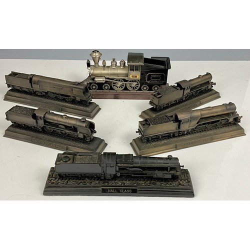 356 - ORNAMENTAL LOCOMOTIVES INC. IRON HORSE MOUNTED ON TRACK, 4 RESIN MODELS AND 1 COAL MODEL