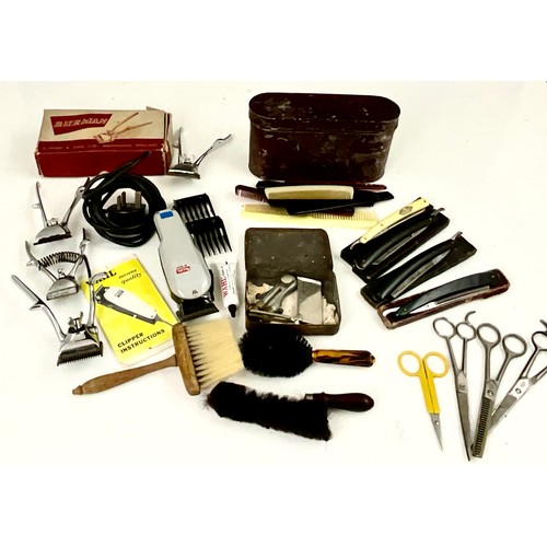 379 - QUANTITY OF BARBERS EQUIPMENT INC. WAHL ELECTRIC CLIPPERS, VINTAGE HAND CLIPPERS, RAZORS, TRIMMING S... 