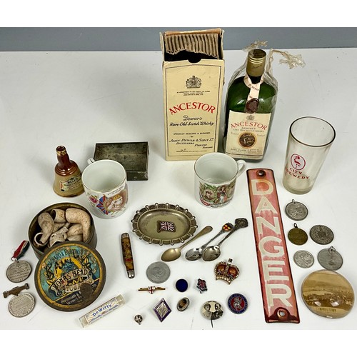 382 - MISC. VINTAGE COLLECTABLES INC. COMMEMORATIVE MUGS, MEDALS, ENAMELLED DANGER SIGN, PIN BADGES AND TE... 