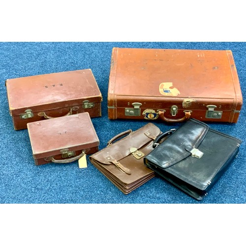 396 - HEAVY LEATHER CASE WITH P&O & BERGAN LINE LABELS, TWO SMALLER CASES, SATCHEL & A TRESS & CO BRIEFCAS... 