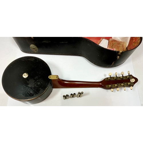 419 - ANTIQUE DULCET BANJO UKULELE BANJOLELE IN FITTED CASE WITH TUNING PIPES AND SOME SPARE STRINGS