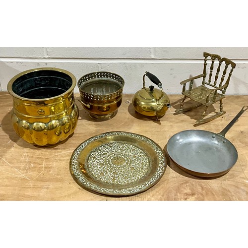 301 - MISC. BRASS WARE INC. COAL BUCKET, STICK STAND, COFFEE AND TEA POTS, VARIOUS CANDLE STICKS, CHESTNUT... 