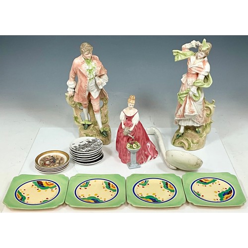 118 - TWO CONTINENTAL FIGURES, ROYAL DOULTON ALEXANDRA FIGURE AND VARIOUS ROYAL DOULTON DISHES, A LADLE AN... 