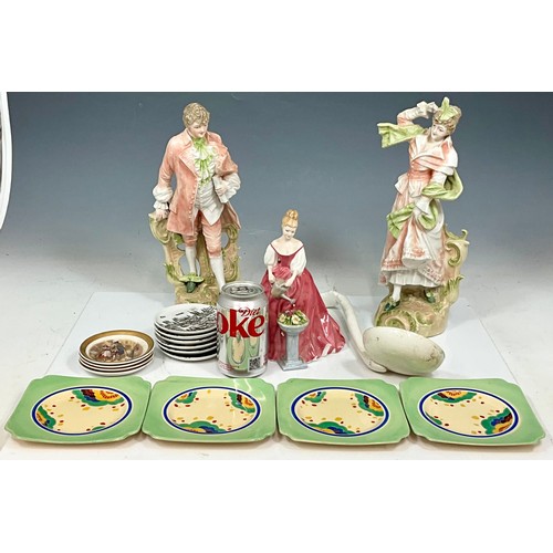 118 - TWO CONTINENTAL FIGURES, ROYAL DOULTON ALEXANDRA FIGURE AND VARIOUS ROYAL DOULTON DISHES, A LADLE AN... 