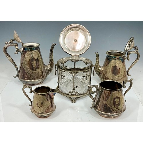 272 - PLATED FOUR PIECE TEA SET TOGETHER WITH A CUT GLASS BISCUIT BARREL ON STAND