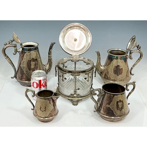 272 - PLATED FOUR PIECE TEA SET TOGETHER WITH A CUT GLASS BISCUIT BARREL ON STAND