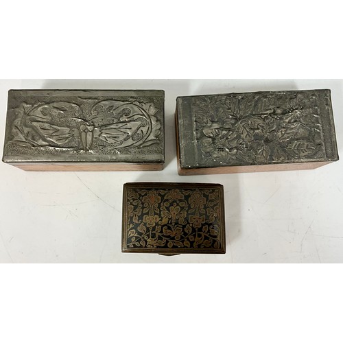 320 - TWO PEWTER TOPPED TRINKET BOXES AND ONE OTHER ROUND DITTO