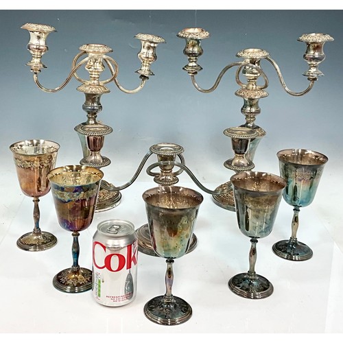 275 - 3 PLATED CANDELABRA AND 5 PLATED GOBLETS