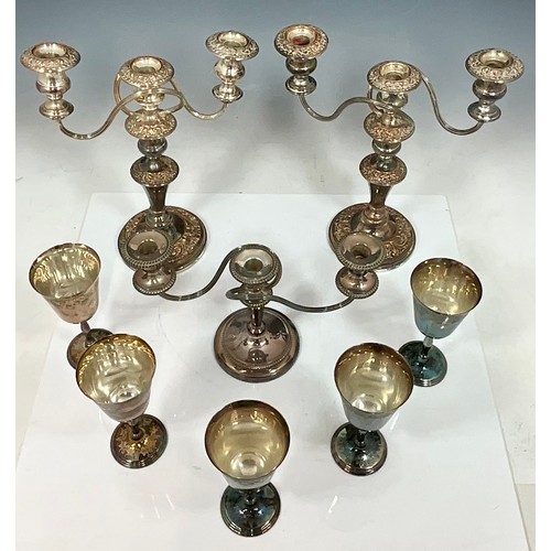 275 - 3 PLATED CANDELABRA AND 5 PLATED GOBLETS