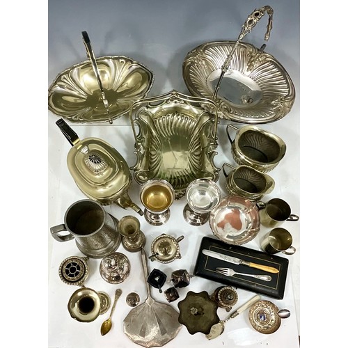 276 - LARGE QUANTITY OF MISC. SILVER-PLATED ITEMS INC. FRUIT BOWLS, TEA SET, GOBLETS, TANKARD, CONDIMENTS ... 