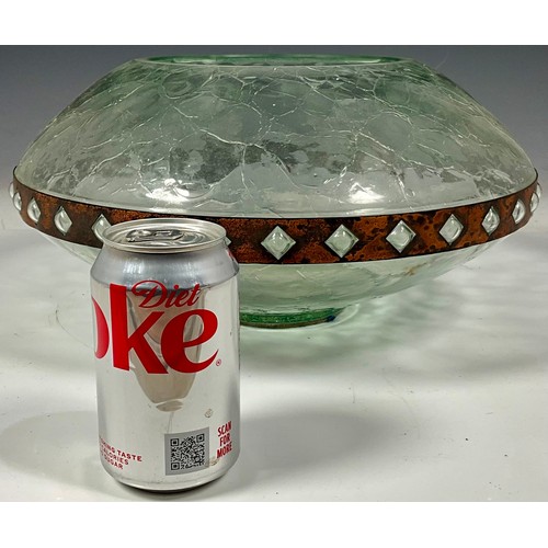 207 - VINTAGE CRACKLED GLASS BOWL WITH GLASS EFFECT STUDS AND DECORATIVE METAL BAND. APPROX. 36cm DIA.