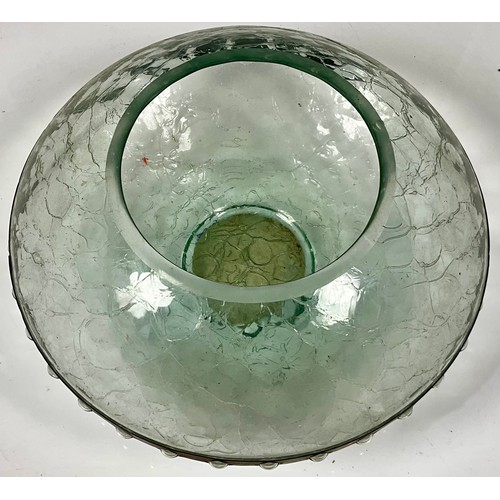 207 - VINTAGE CRACKLED GLASS BOWL WITH GLASS EFFECT STUDS AND DECORATIVE METAL BAND. APPROX. 36cm DIA.