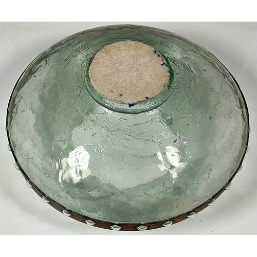 207 - VINTAGE CRACKLED GLASS BOWL WITH GLASS EFFECT STUDS AND DECORATIVE METAL BAND. APPROX. 36cm DIA.