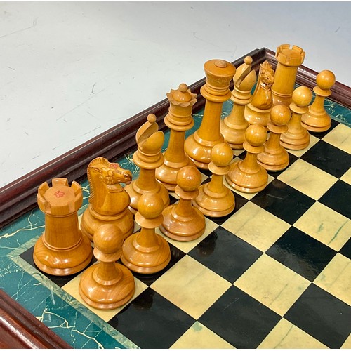 94 - J.JAQUES EBONY AND BOXWOOD STAUNTON CHESS SET IN MAHOGANY BOX, KING APPROX. 9 cm, 2 KNIGHTS AND 2 RO... 