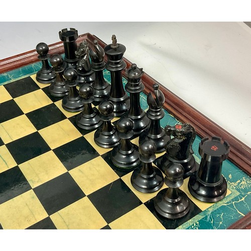 94 - J.JAQUES EBONY AND BOXWOOD STAUNTON CHESS SET IN MAHOGANY BOX, KING APPROX. 9 cm, 2 KNIGHTS AND 2 RO... 