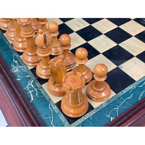 94 - J.JAQUES EBONY AND BOXWOOD STAUNTON CHESS SET IN MAHOGANY BOX, KING APPROX. 9 cm, 2 KNIGHTS AND 2 RO... 