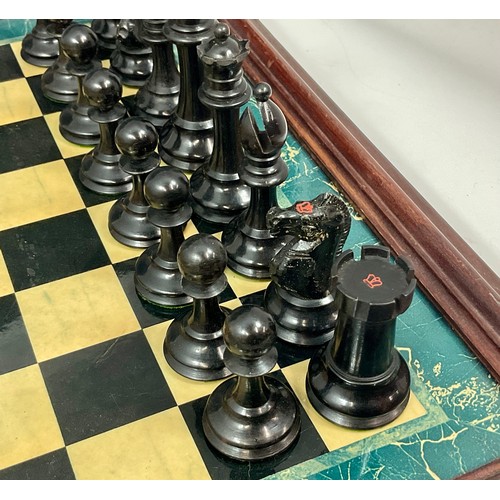 94 - J.JAQUES EBONY AND BOXWOOD STAUNTON CHESS SET IN MAHOGANY BOX, KING APPROX. 9 cm, 2 KNIGHTS AND 2 RO... 