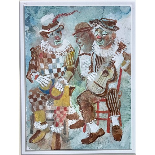 21 - A PAIR OF JOHN UHT FRAMED MUSICAL CLOWN WATERCOLOURS. 17 x 12.5cm. Maybe subject to ARR