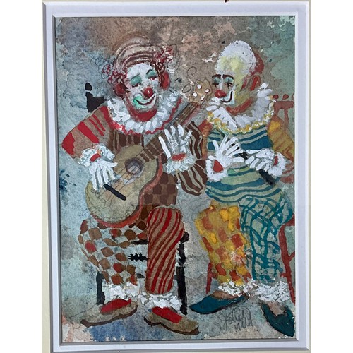 21 - A PAIR OF JOHN UHT FRAMED MUSICAL CLOWN WATERCOLOURS. 17 x 12.5cm. Maybe subject to ARR