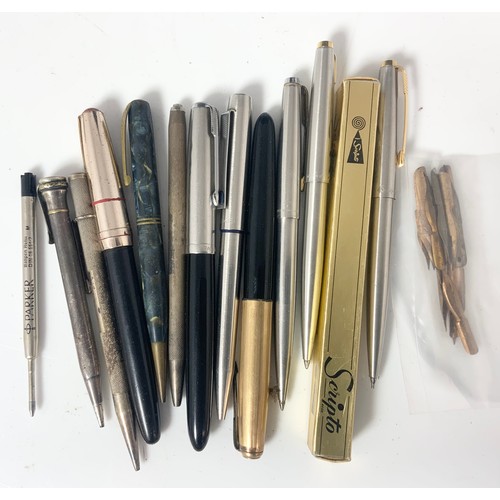 185 - COLLECTION OF PARKER AND OTHER FOUNTAIN PENS, SILVER PROPELLING PENCILS ETC.