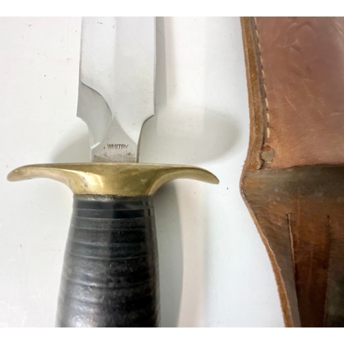 128 - A FIGHTING KNIFE WITH STAINLESS STEEL BLADE MARKED WHITBY, LEATHER SHEATH, BLADE APPROX. 19.5 cm