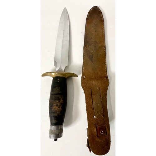 128 - A FIGHTING KNIFE WITH STAINLESS STEEL BLADE MARKED WHITBY, LEATHER SHEATH, BLADE APPROX. 19.5 cm