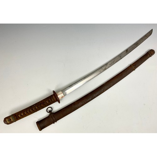 135 - 20TH CENTURY KATANA SAMURAI SWORD WITH SIGNED TANG, ROPE BOUND RAY SKIN HANDLE, PLAIN STEEL BLADE,TS... 